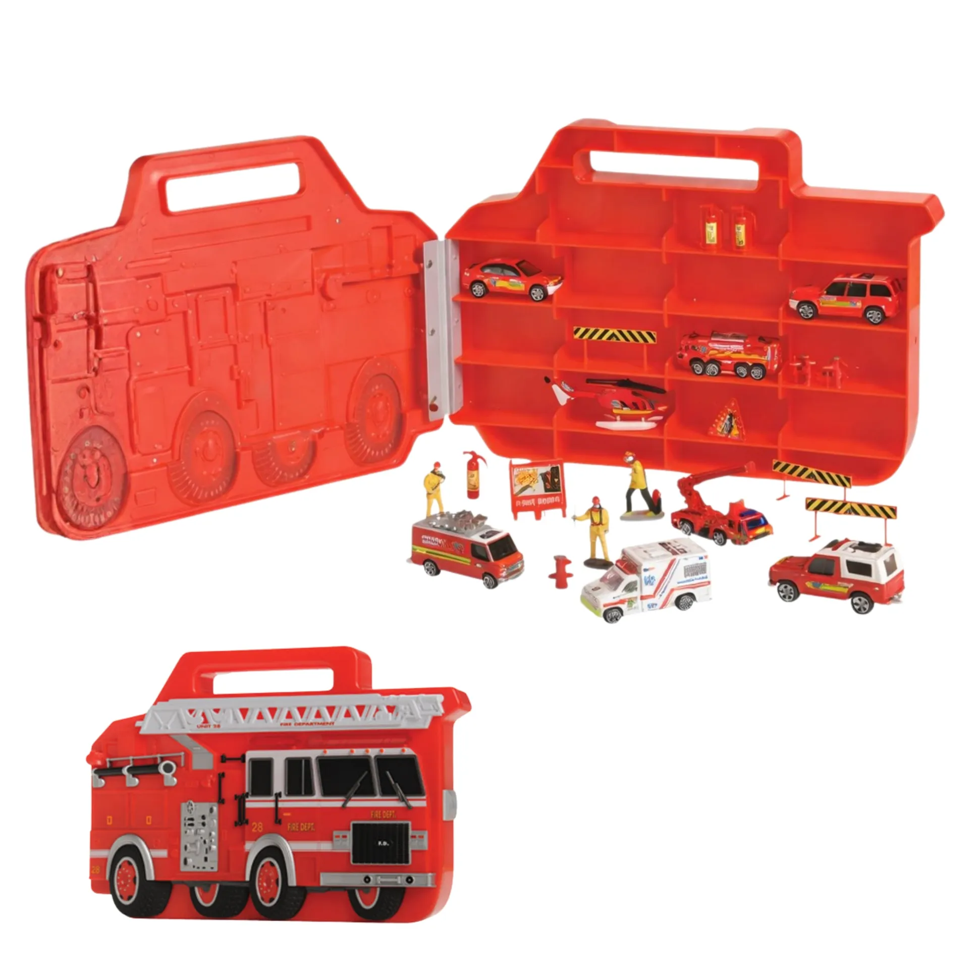 Fire Rescue Truck Carry Case with 22 Pieces – Die-Cast Fire Vehicles & Figures Playset for Kids