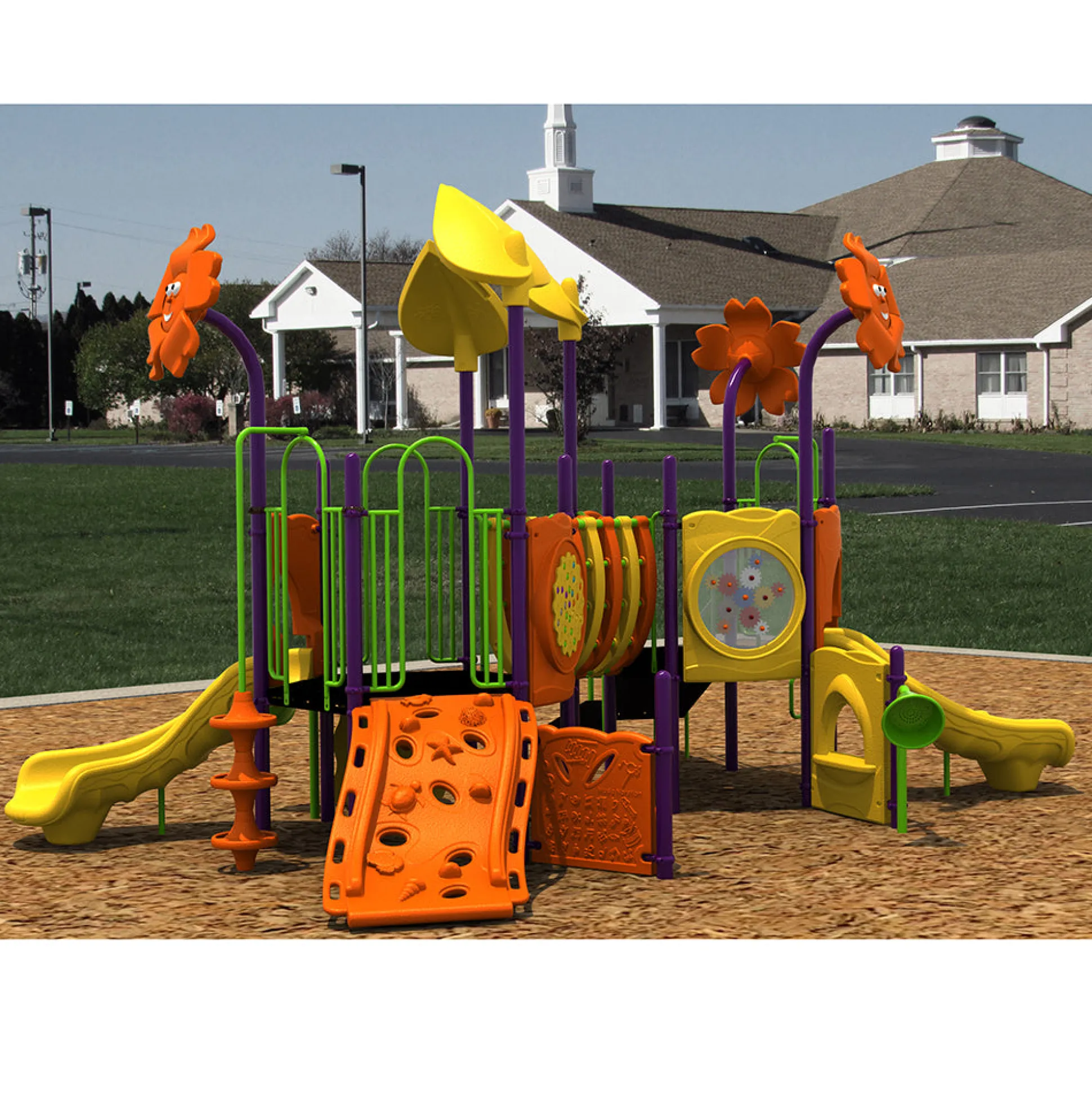 Flowerville Preschool Playground Structure | Rock Climbers, Slides, Climbers & 14 Play Events for Ages 2-5