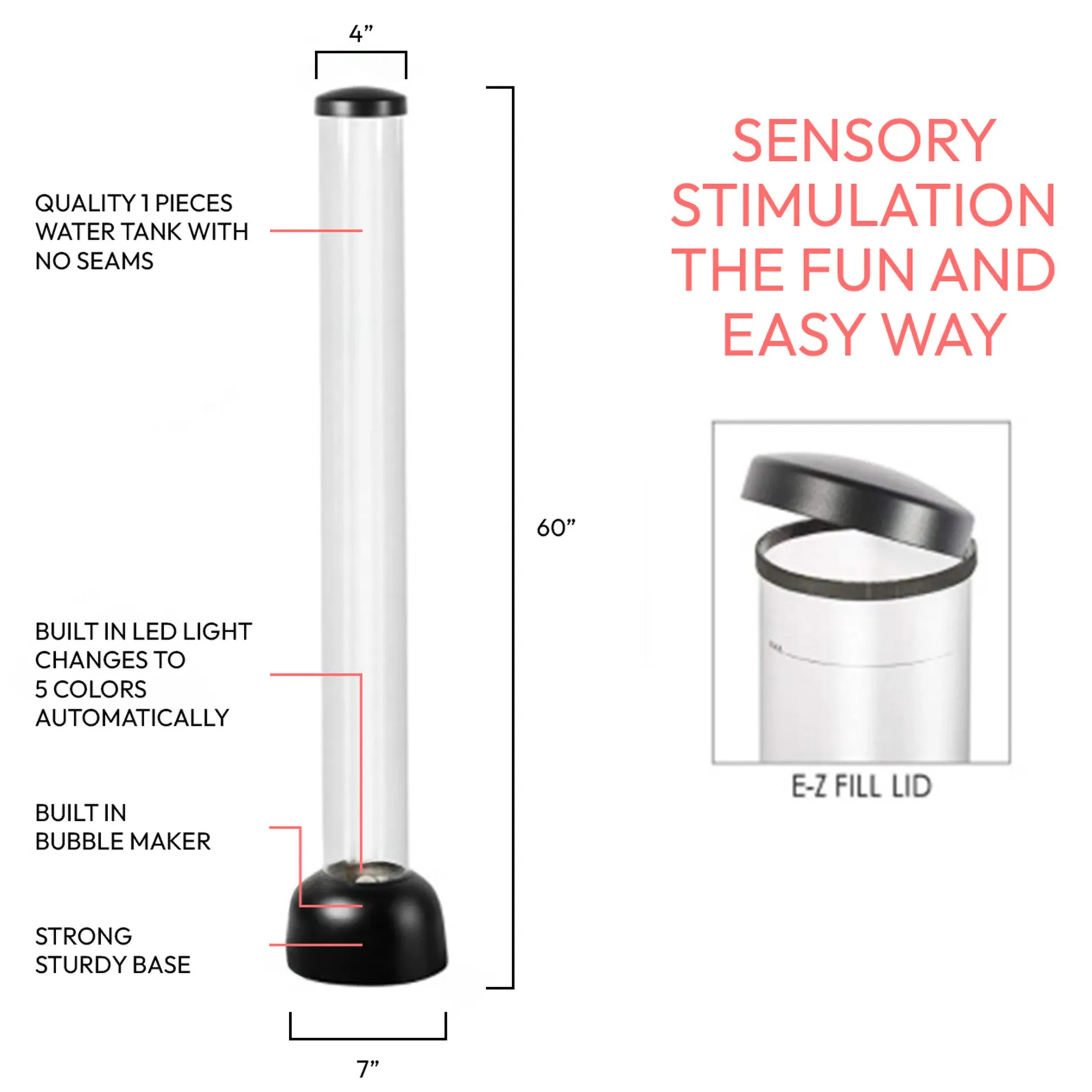 5ft Sensory LED Bubble Tube Lamp | Color-Changing Calming Column with Floating Fish, Remote & Wall-Mount Brackets