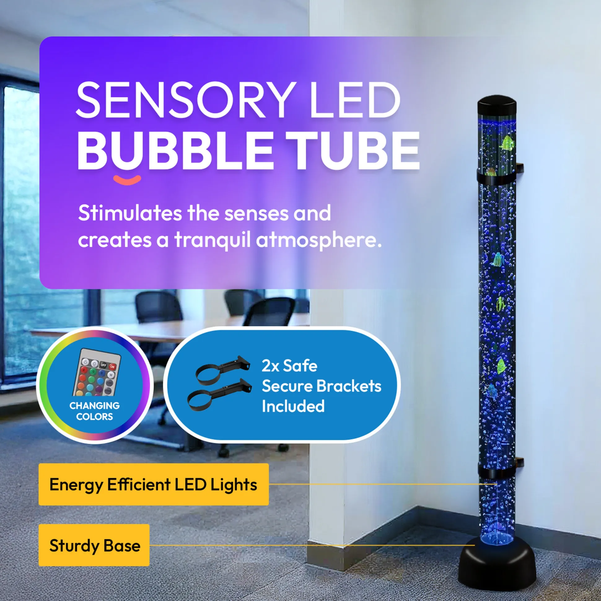 5ft Sensory LED Bubble Tube Lamp | Color-Changing Calming Column with Floating Fish, Remote & Wall-Mount Brackets