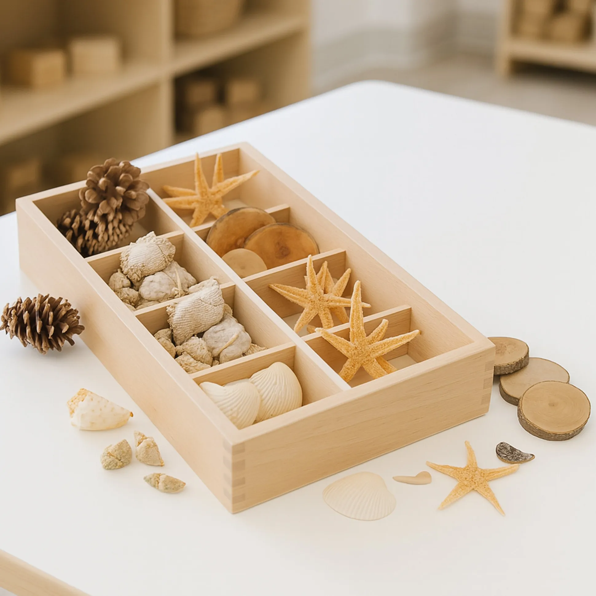 Includes Star Fish, Seashells, Pine Cones, and Tree Rings to sort and classify in the included Wood Sorting Box.