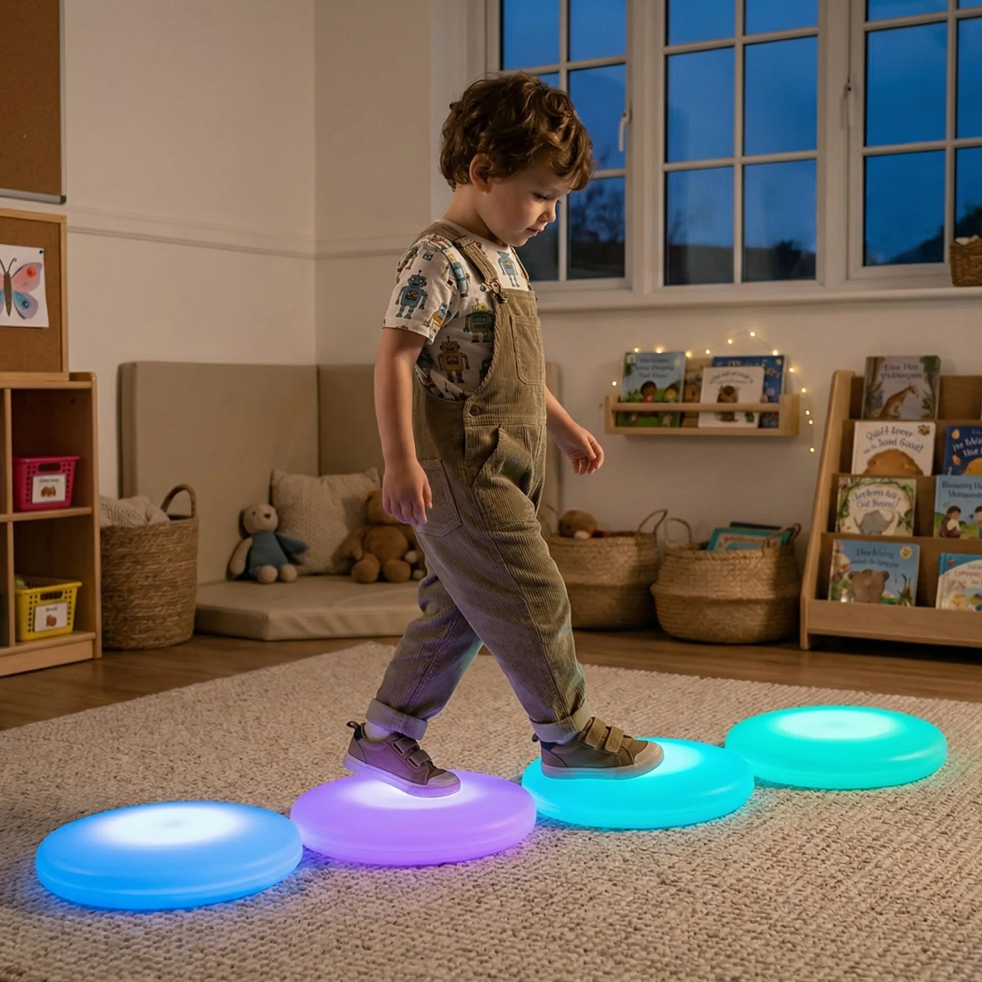 Interactive Round LED Floor Tiles | 4-Piece Rechargeable Sensory Light Set