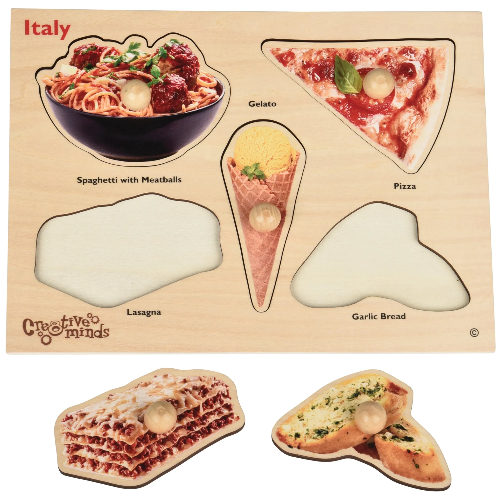 Italian Food Wooden Knob Puzzle | Preschool Peg Puzzle Featuring Real Food Photography