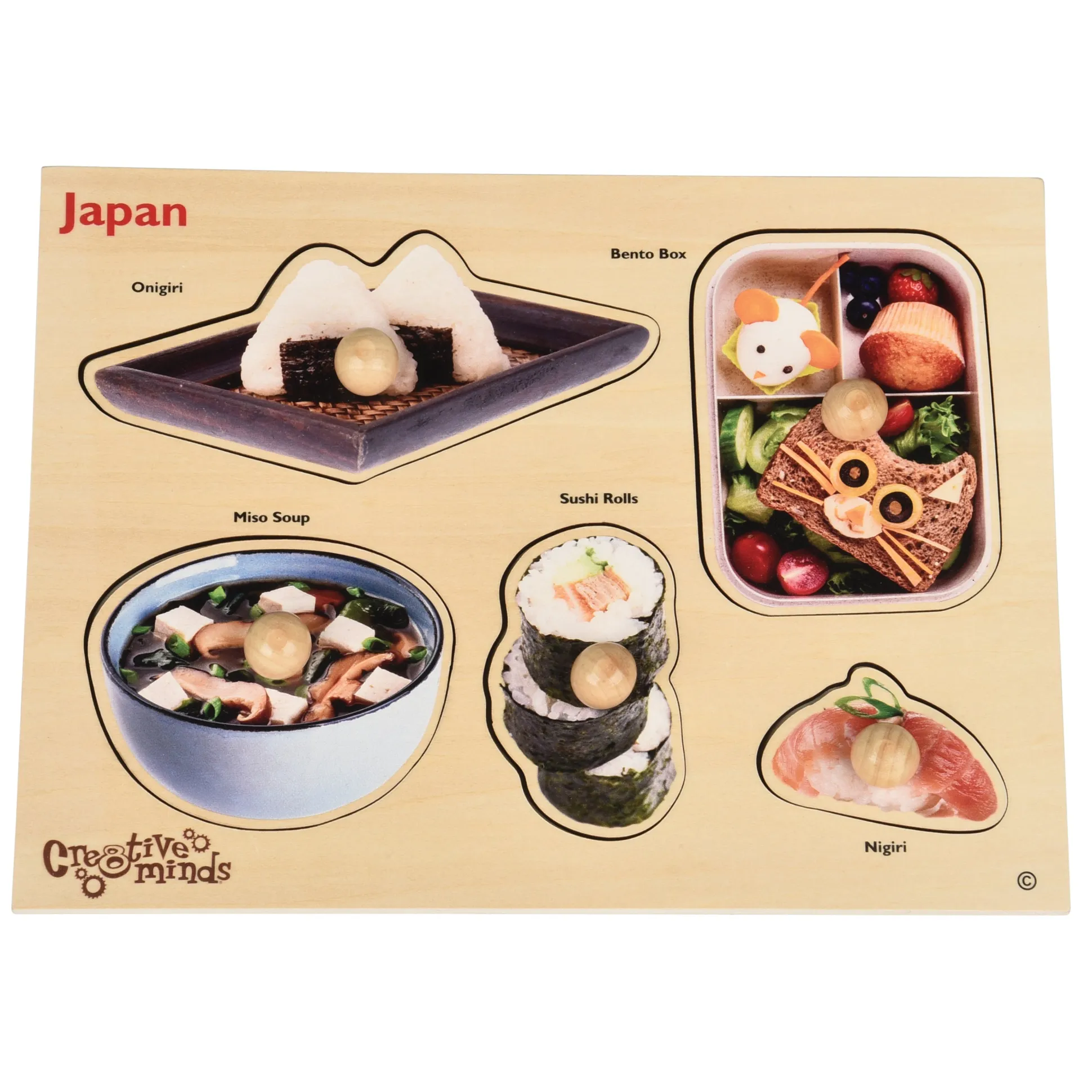 Japanese Food Wooden Knob Puzzle | Preschool Peg Puzzle Featuring Real Food Photography