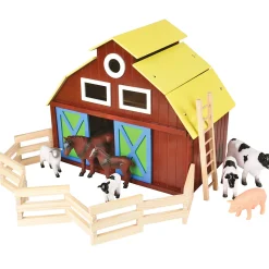 Large Wooden Farm Barn Playset with Oversized Animals (7-Piece Set)
