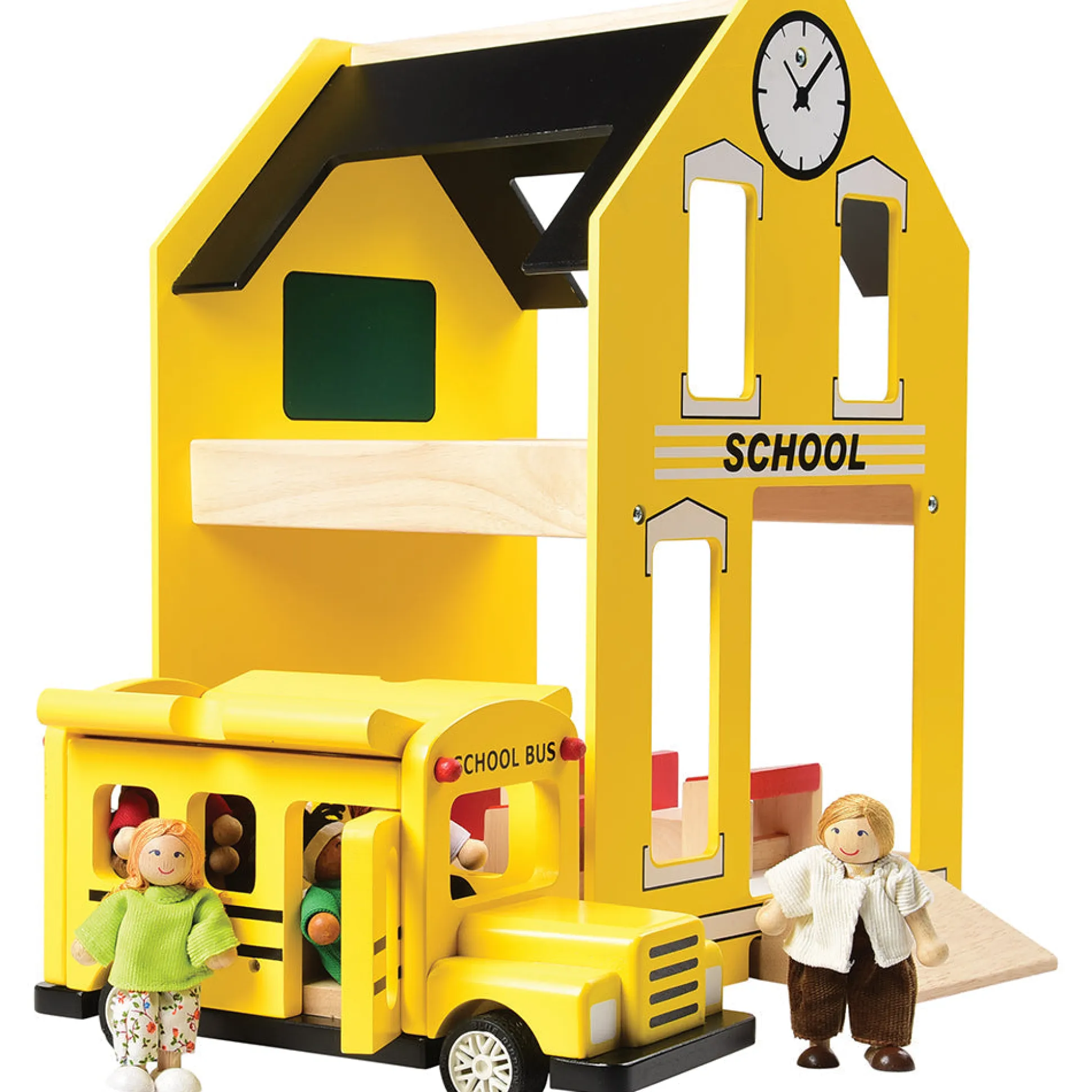 Let's Play School Wooden Playset | Schoolhouse with Chalkboard, Bus, Teacher & 4 Students