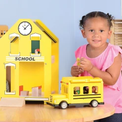 Let's Play School Wooden Playset | Schoolhouse with Chalkboard, Bus, Teacher & 4 Students
