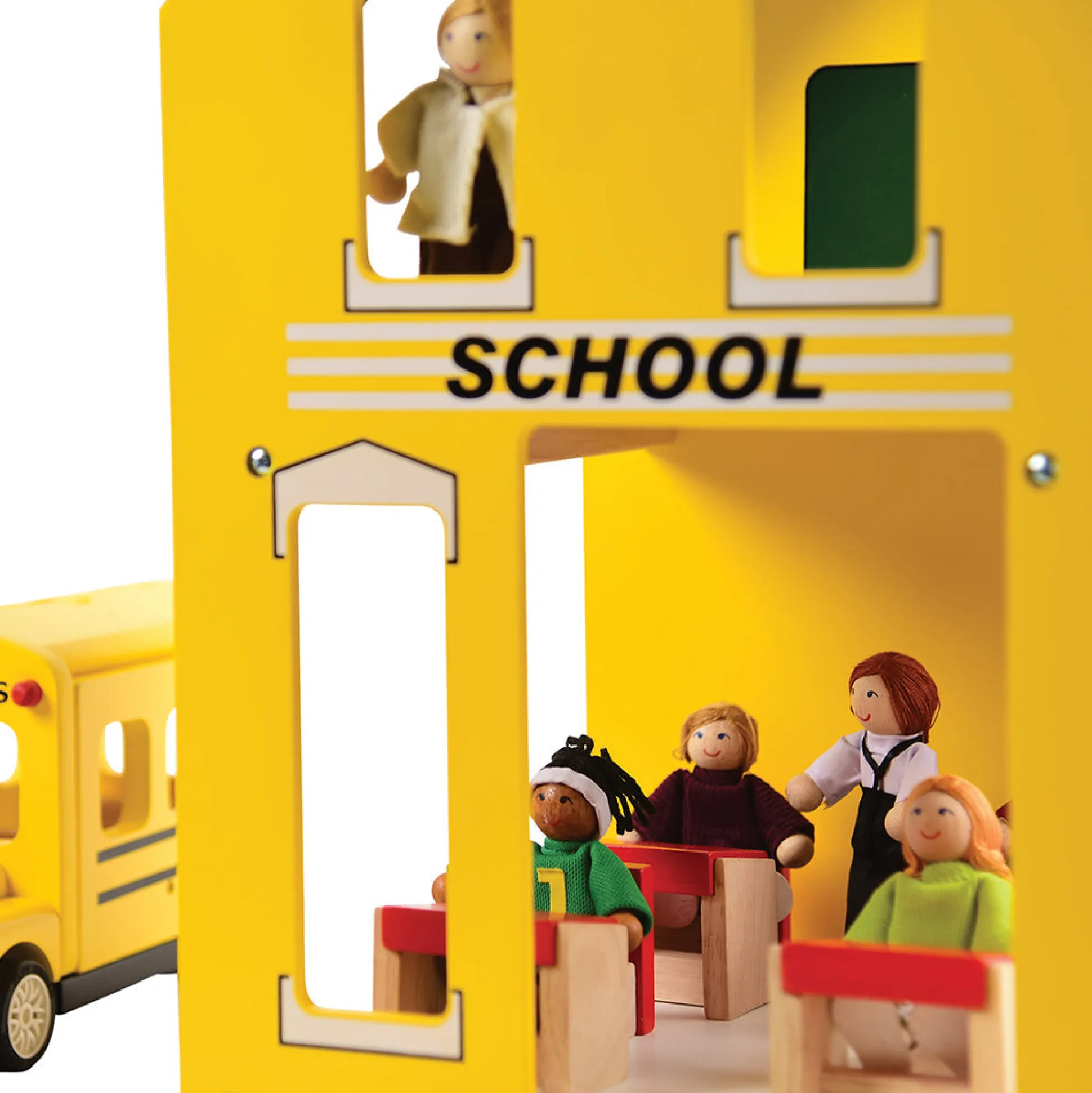 Let's Play School Wooden Playset | Schoolhouse with Chalkboard, Bus, Teacher & 4 Students
