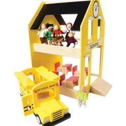 Let's Play School Wooden Playset | Schoolhouse with Chalkboard, Bus, Teacher & 4 Students