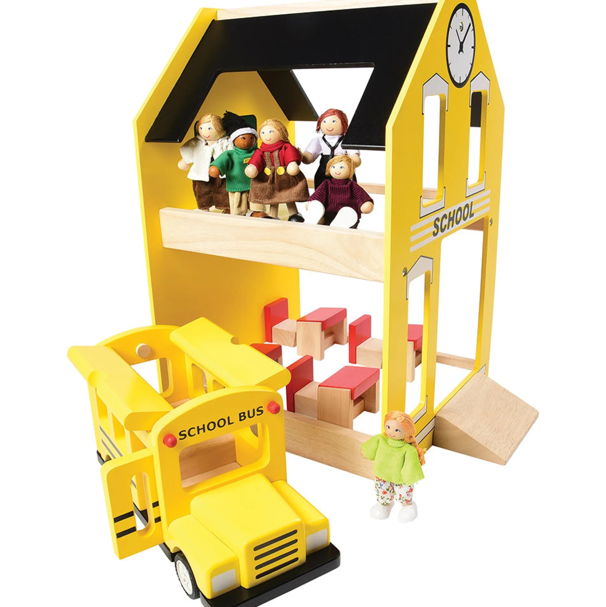 Let's Play School Wooden Playset | Schoolhouse with Chalkboard, Bus, Teacher & 4 Students