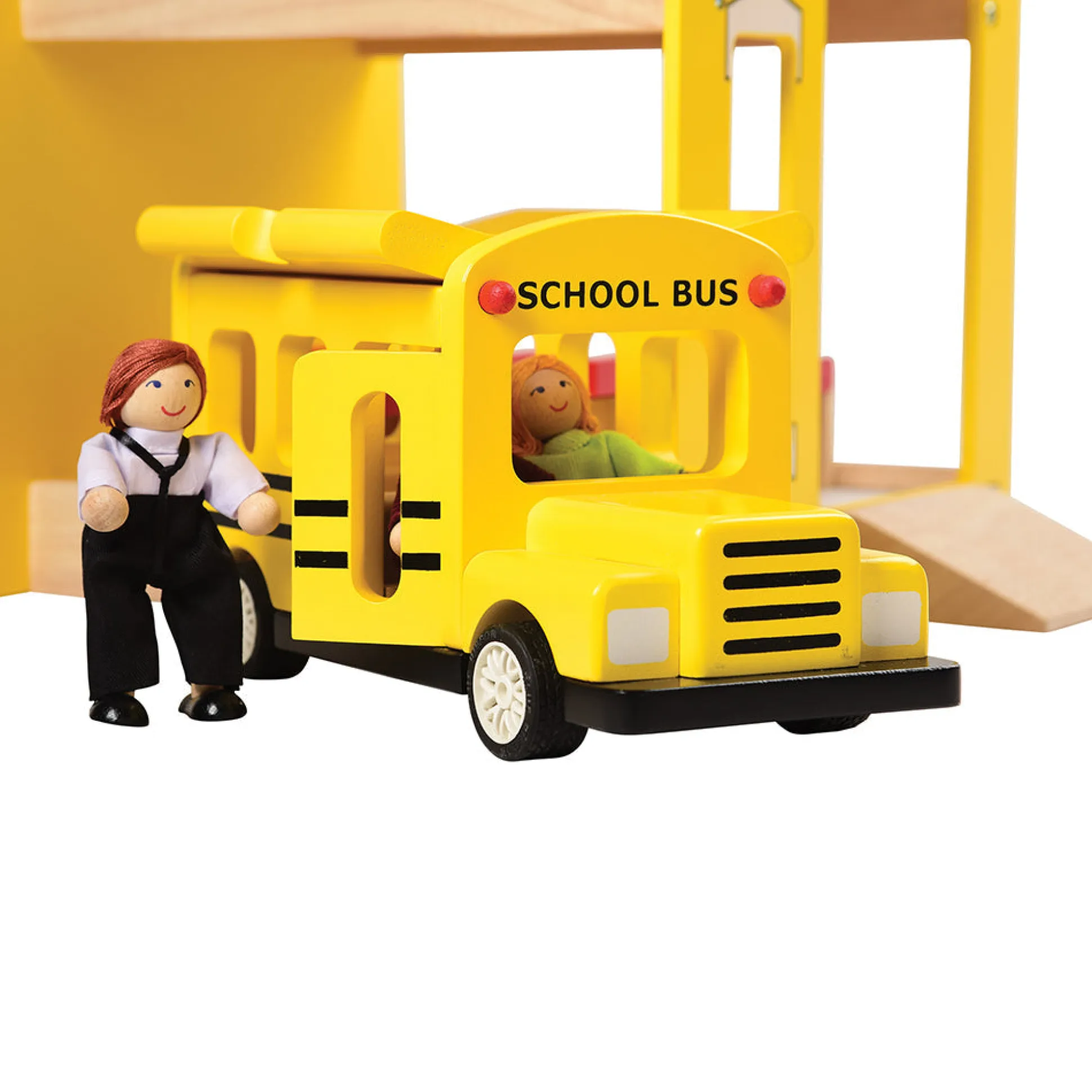 Let's Play School Wooden Playset | Schoolhouse with Chalkboard, Bus, Teacher & 4 Students
