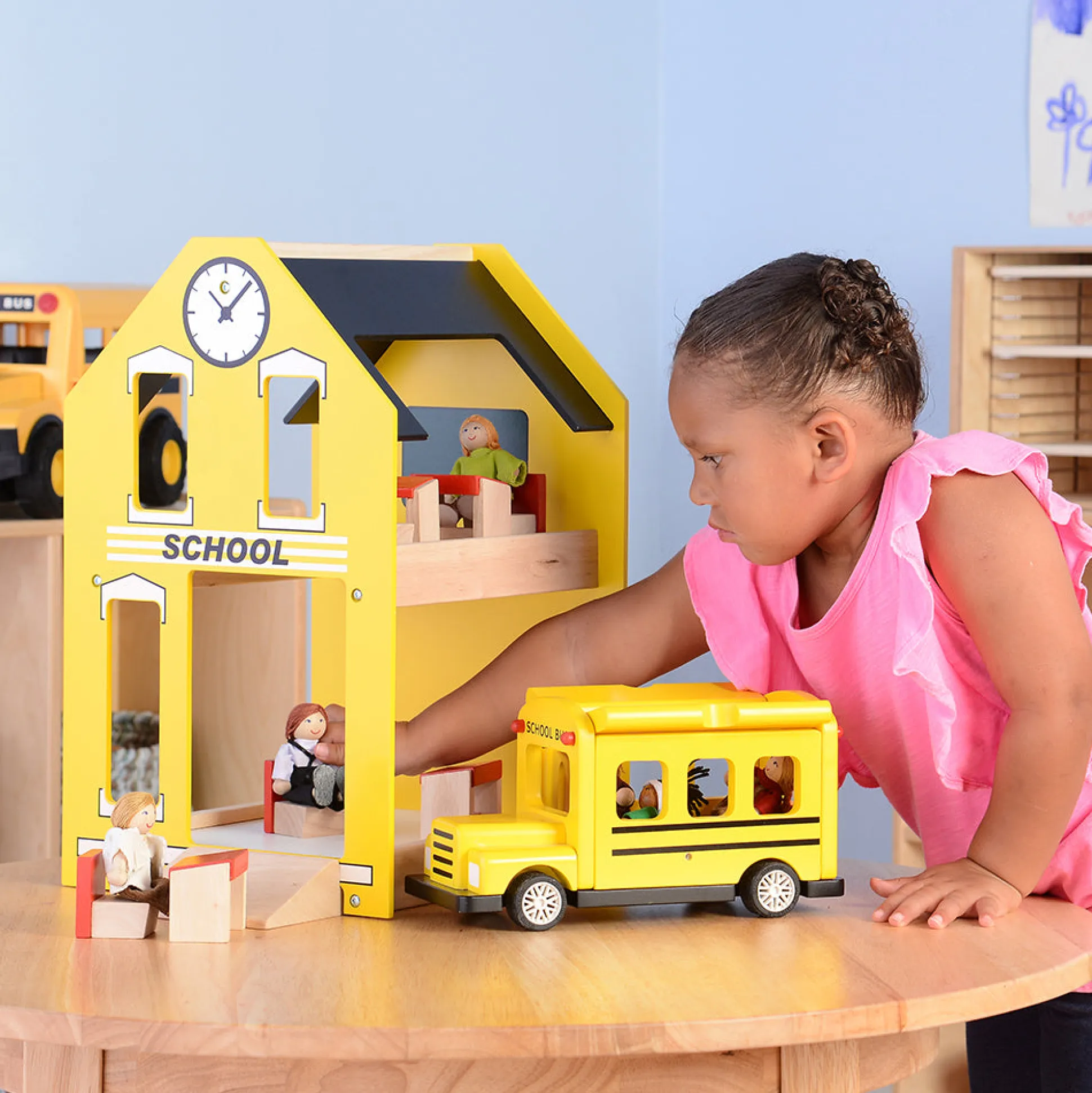 Let's Play School Wooden Playset | Schoolhouse with Chalkboard, Bus, Teacher & 4 Students