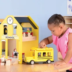 Let's Play School Wooden Playset | Schoolhouse with Chalkboard, Bus, Teacher & 4 Students