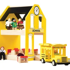 Let's Play School Wooden Playset | Schoolhouse with Chalkboard, Bus, Teacher & 4 Students