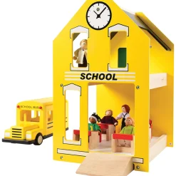 Let's Play School Wooden Playset | Schoolhouse with Chalkboard, Bus, Teacher & 4 Students