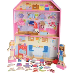 Magnetic Dress-Up Dollhouse with 60 Outfits – Wooden Pretend Play Set for Kids Ages 3+