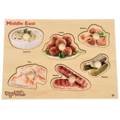 Middle Eastern Food Wooden Knob Puzzle | Preschool Peg Puzzle Featuring Real Food Photography