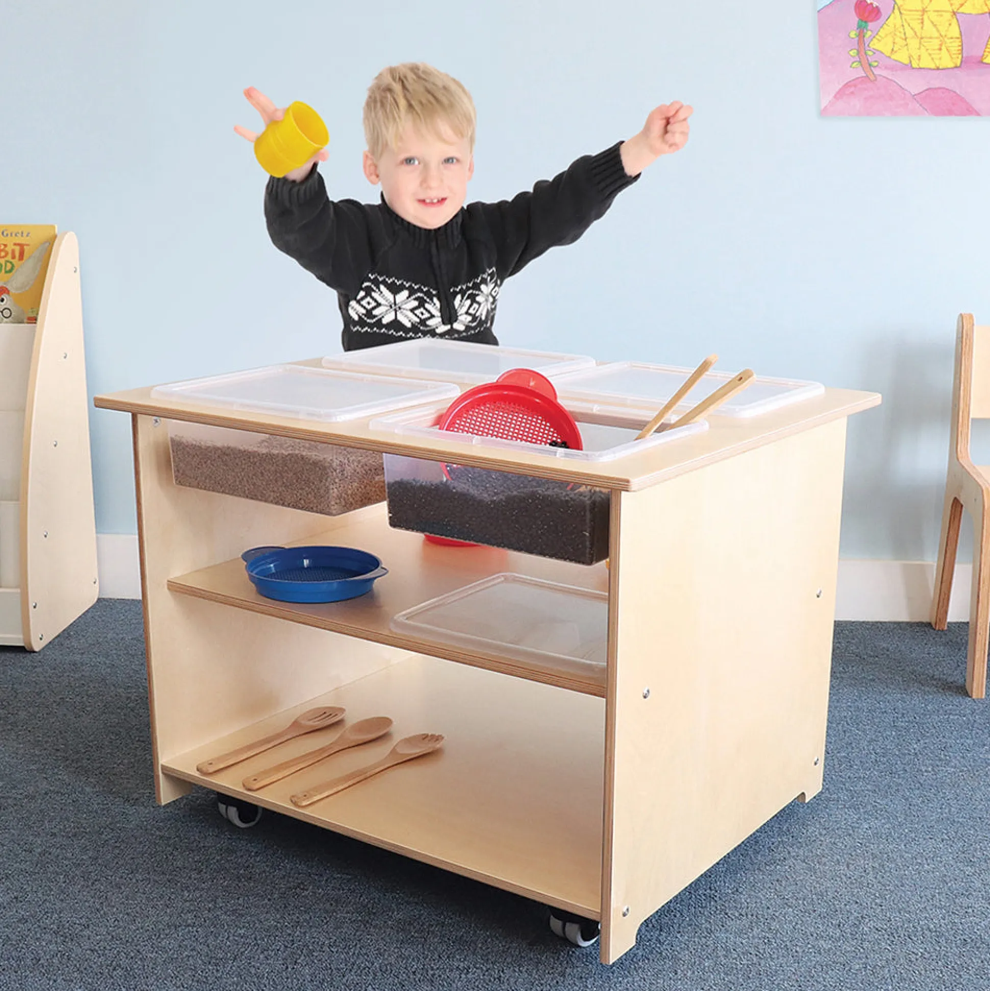 Mobile Sensory Table with Trays & Lids | Rolling Activity Station for Preschool Sensory Play
