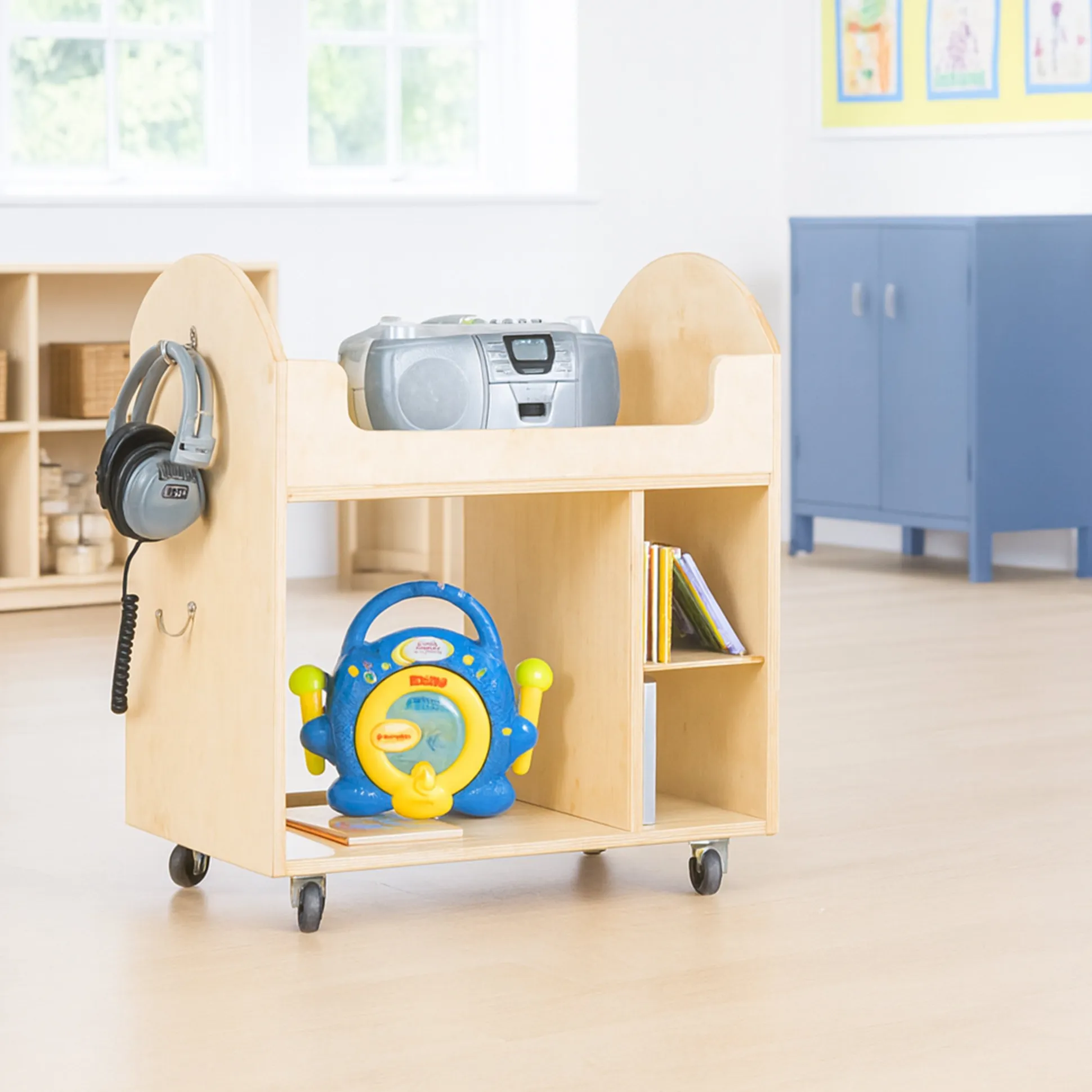 Mobile Wooden Classroom Activity Cart | Preschool Rolling Storage with Shelves & Side Hooks
