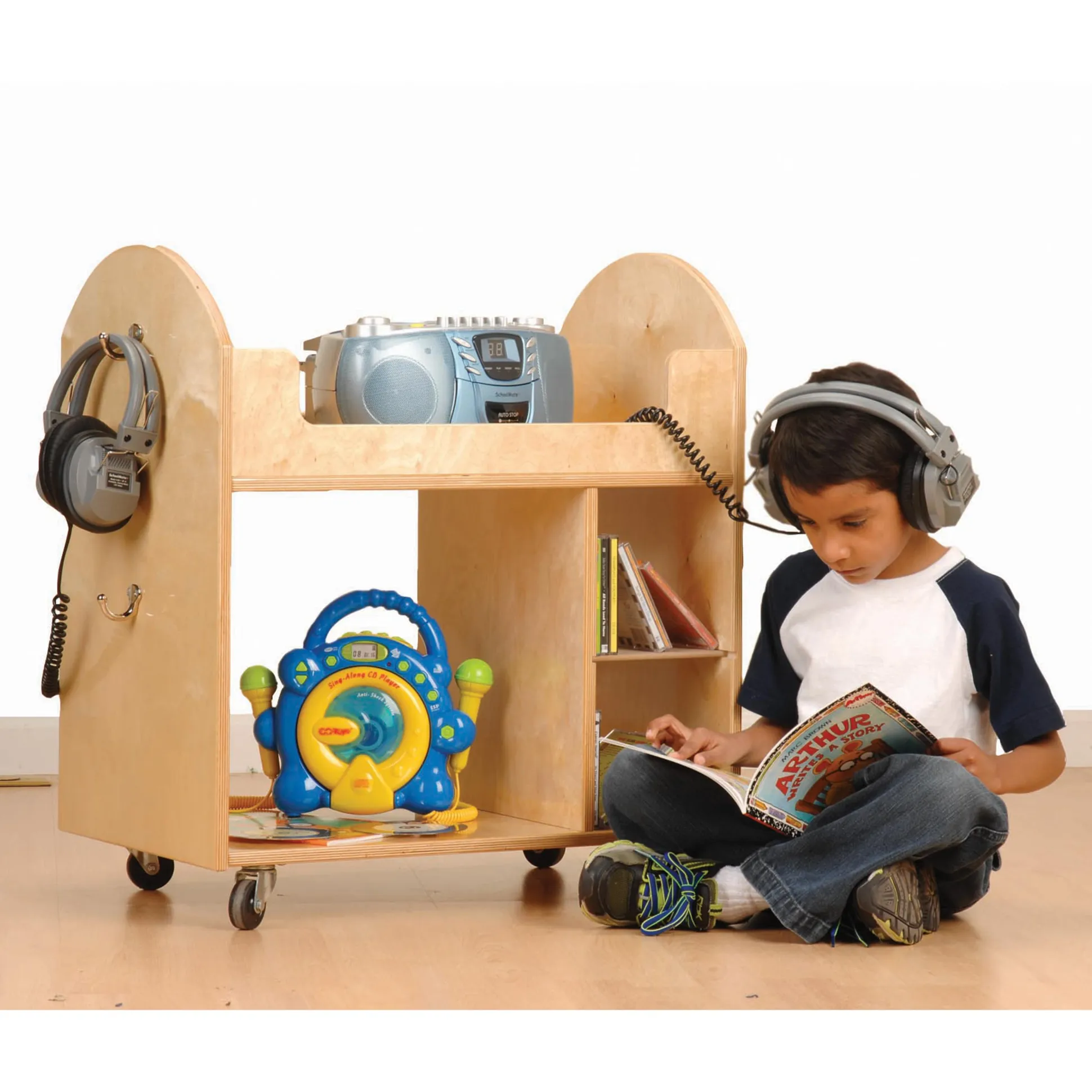 Mobile Wooden Classroom Activity Cart | Preschool Rolling Storage with Shelves & Side Hooks