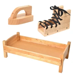 Montessori Dramatic Play Accessory Bundle | Pretend Play Hardwood Iron, Doll Bed & Lacing Boot