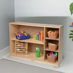 Multi-Level Birch Storage Shelves with Baskets | Durable & Eco-Friendly Classroom Organizer
