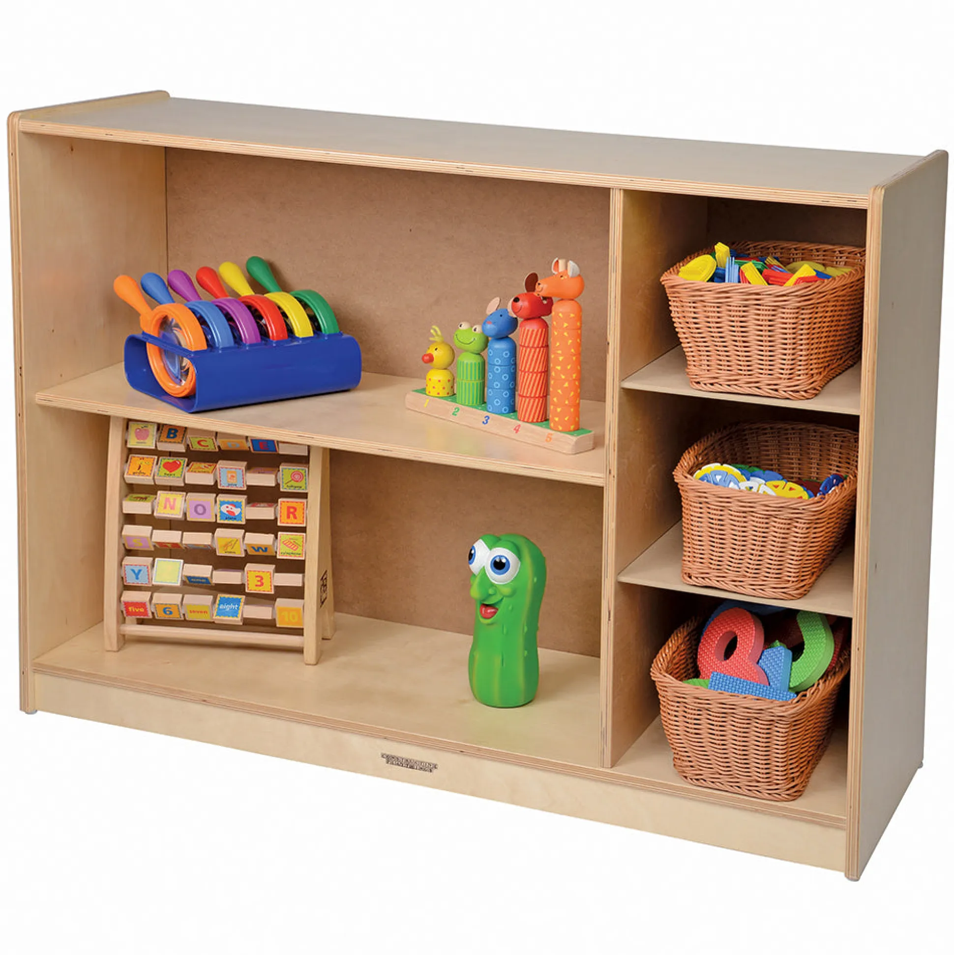 Multi-Level Birch Storage Shelves with Baskets | Durable & Eco-Friendly Classroom Organizer
