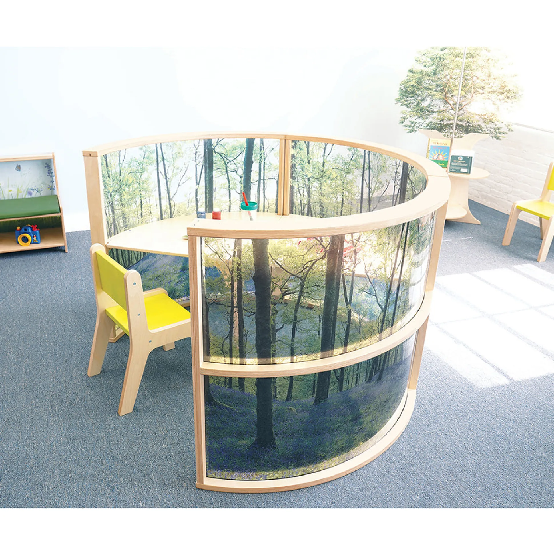 Nature View 36" Curved Acrylic Room Divider | Woodland Classroom Partition