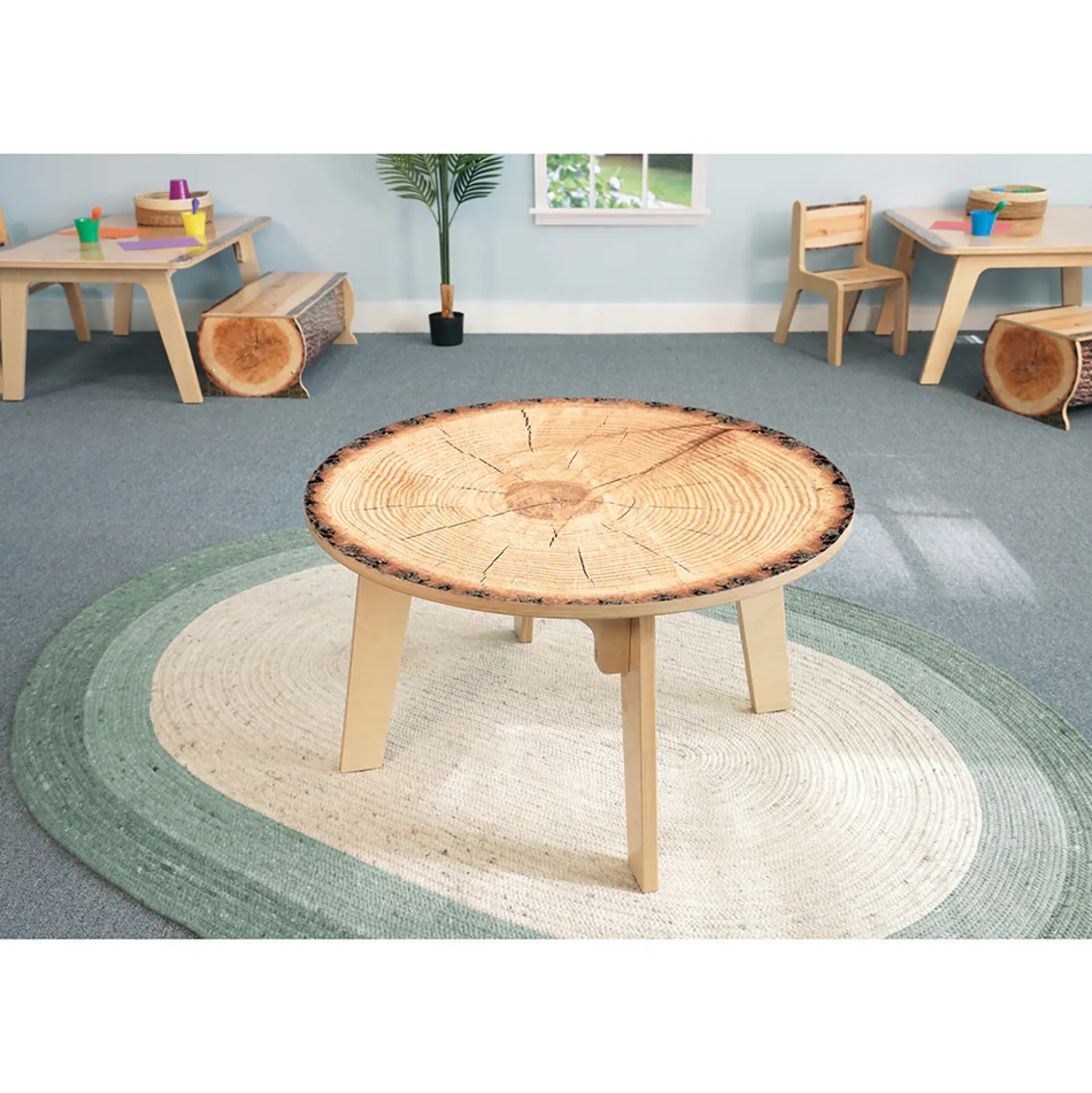 Nature View Live Edge Round Activity Table | 22" High Nature-Inspired Classroom Table | Realistic Tree Ring Detailing