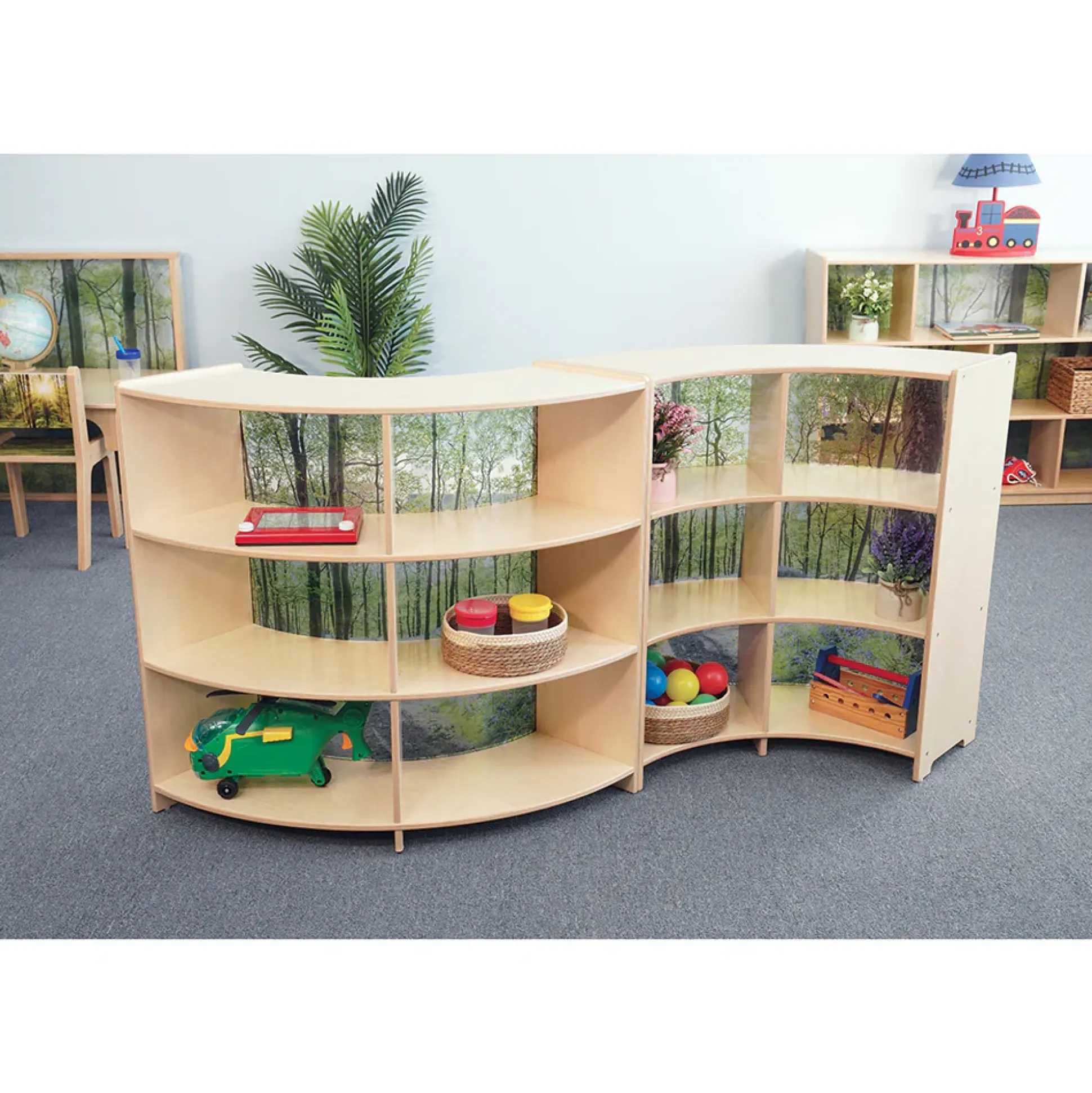 Nature View Serenity Curve-In Cabinet | 36" Classroom Storage with Acrylic Woodland Back Panel