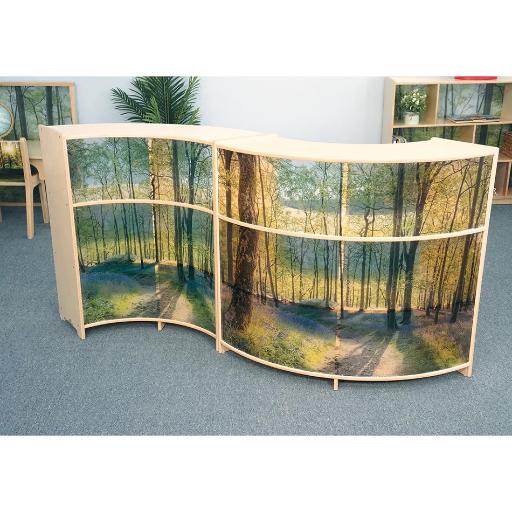 Nature View Serenity Curve-In Cabinet | 36" Classroom Storage with Acrylic Woodland Back Panel