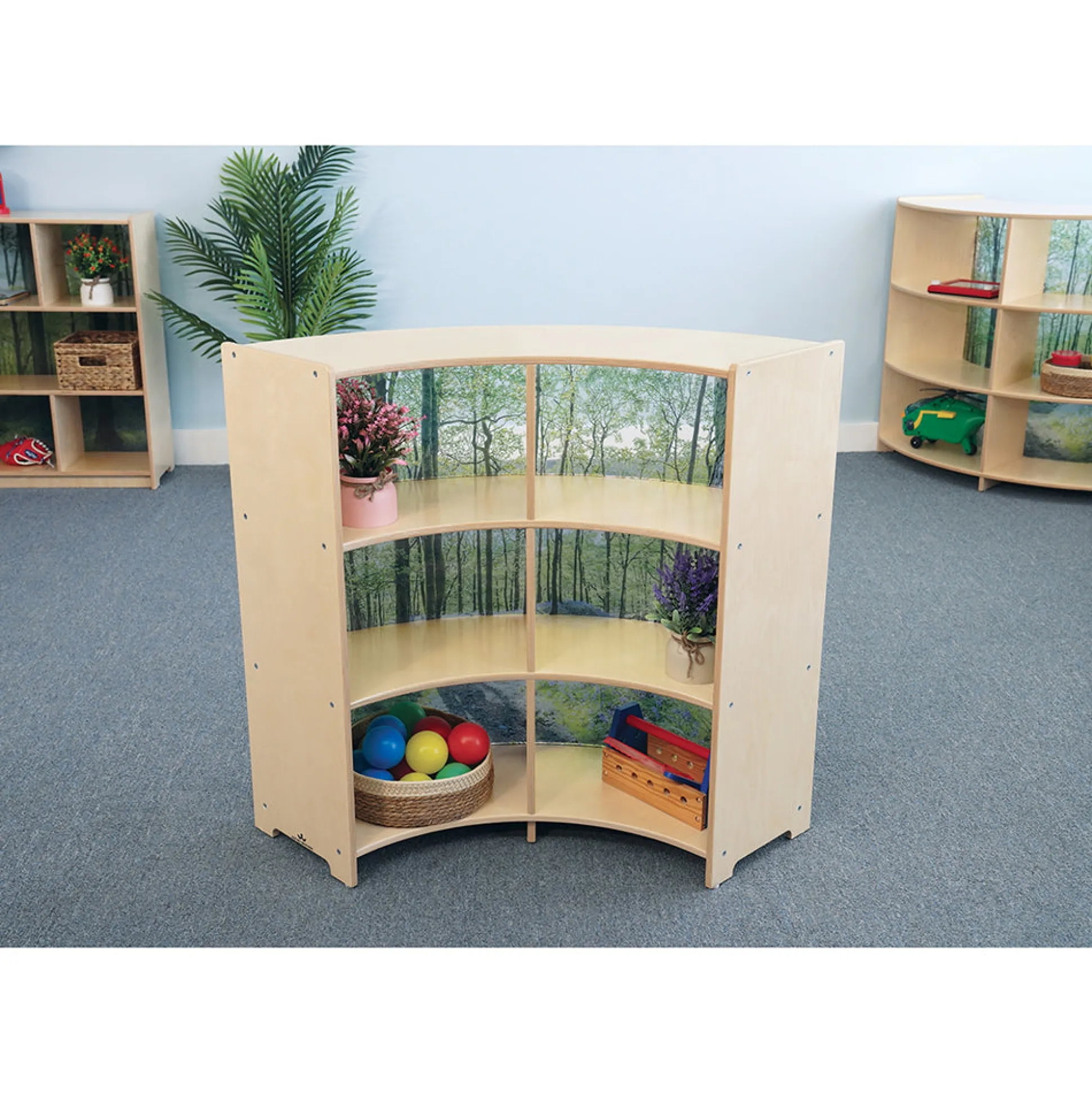 Nature View Serenity Curve-Out Cabinet | 36" Classroom Storage with Acrylic Woodland Back Panel