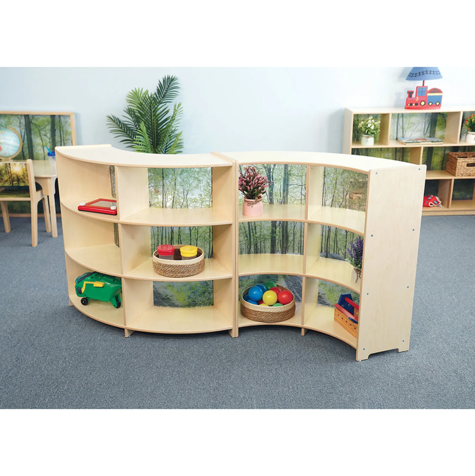 Nature View Serenity Curve-Out Cabinet | 36" Classroom Storage with Acrylic Woodland Back Panel