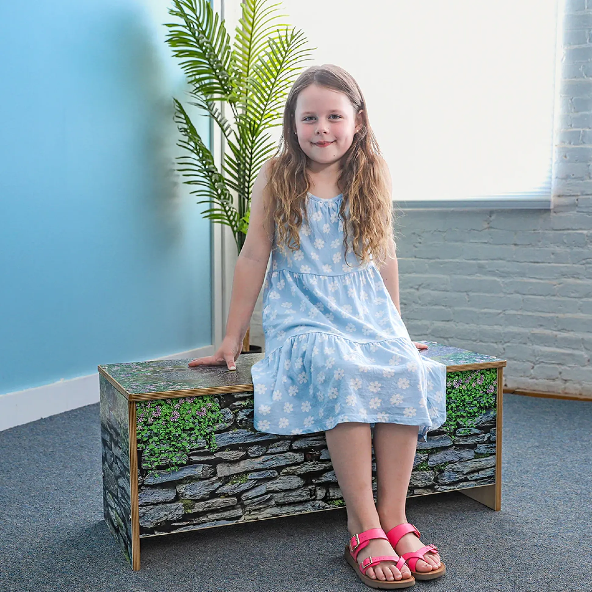 Nature View Stone Wall Bench | 14" High Biophilic Garden-Themed Classroom Seating