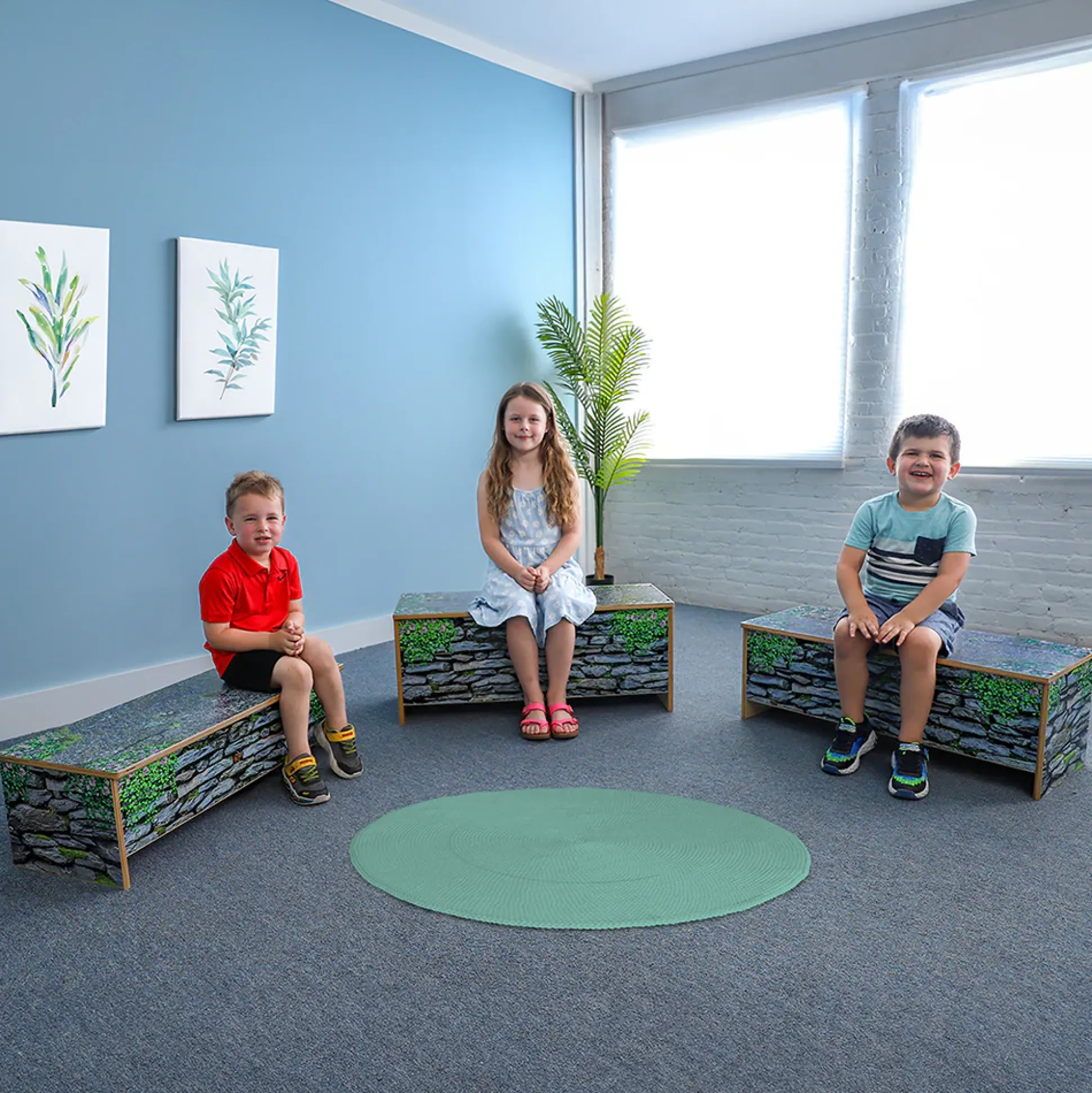 Nature View Stone Wall Bench | 14" High Biophilic Garden-Themed Classroom Seating