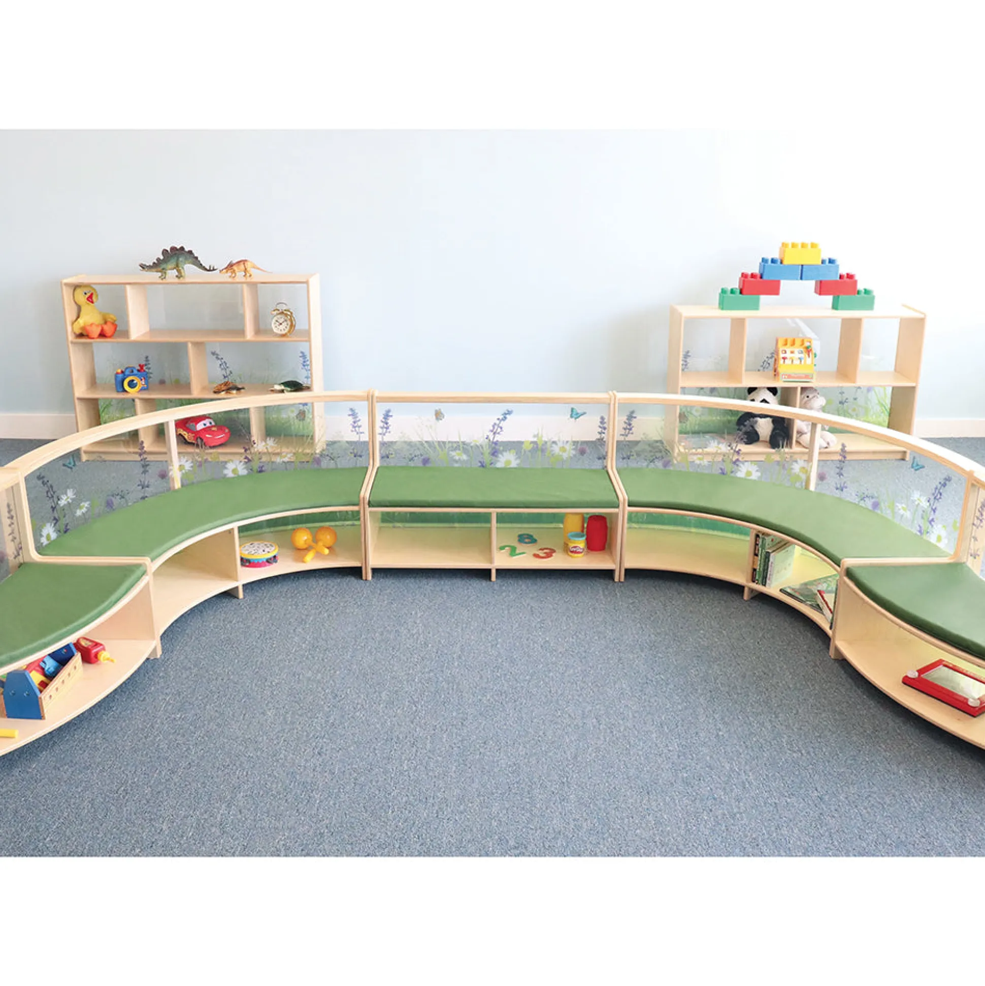 Nature View Straight Reading Sofa with Book Storage | Biophilic Modular Classroom Seating
