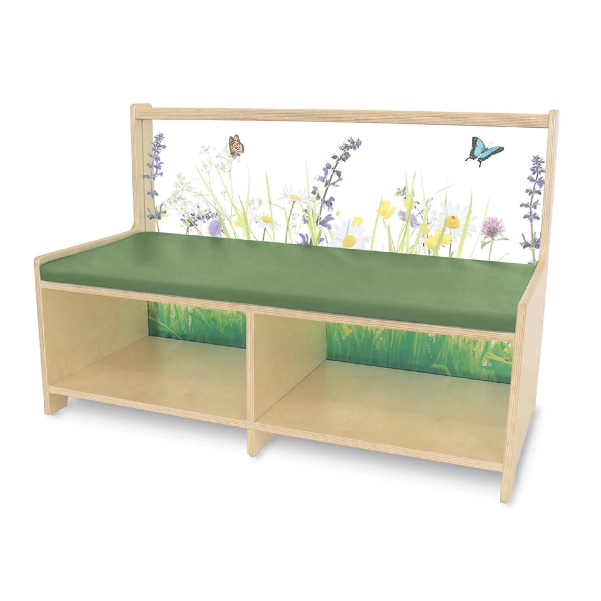 Nature View Straight Reading Sofa with Book Storage | Biophilic Modular Classroom Seating