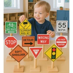 12-Piece Large Wooden International Traffic Sign Set | 11" Signs on 3" Bases for Classroom Safety Learning