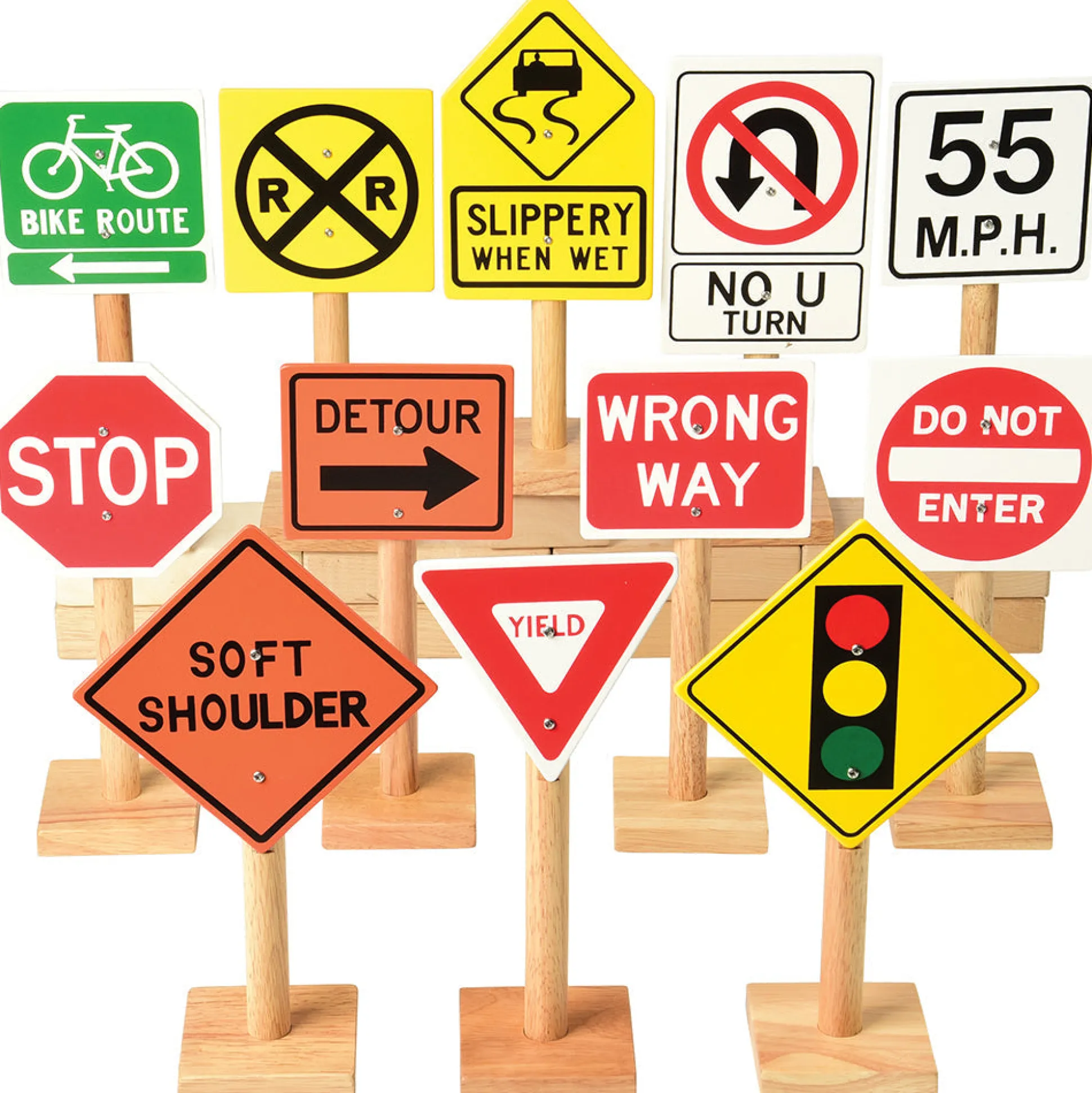12-Piece Large Wooden International Traffic Sign Set | 11" Signs on 3" Bases for Classroom Safety Learning