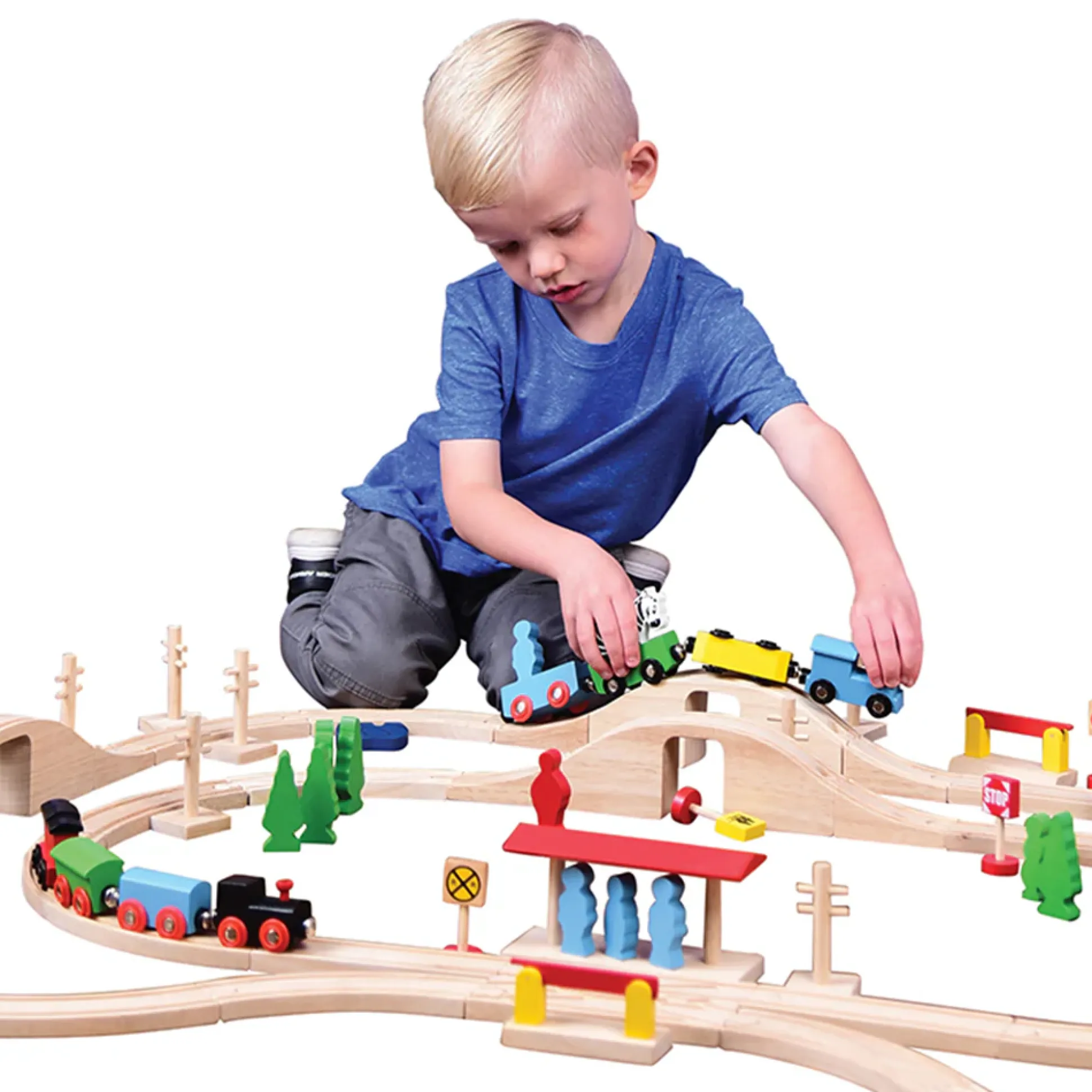 55-Piece Magnetic Wooden Train Set with Tracks, Bridges & Accessories | Classic BlockPlayset