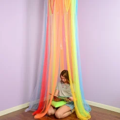 Rainbow Retreat Reading & Play Canopy | 8' Tall with Tie-Back Entrance & Colorful Netting