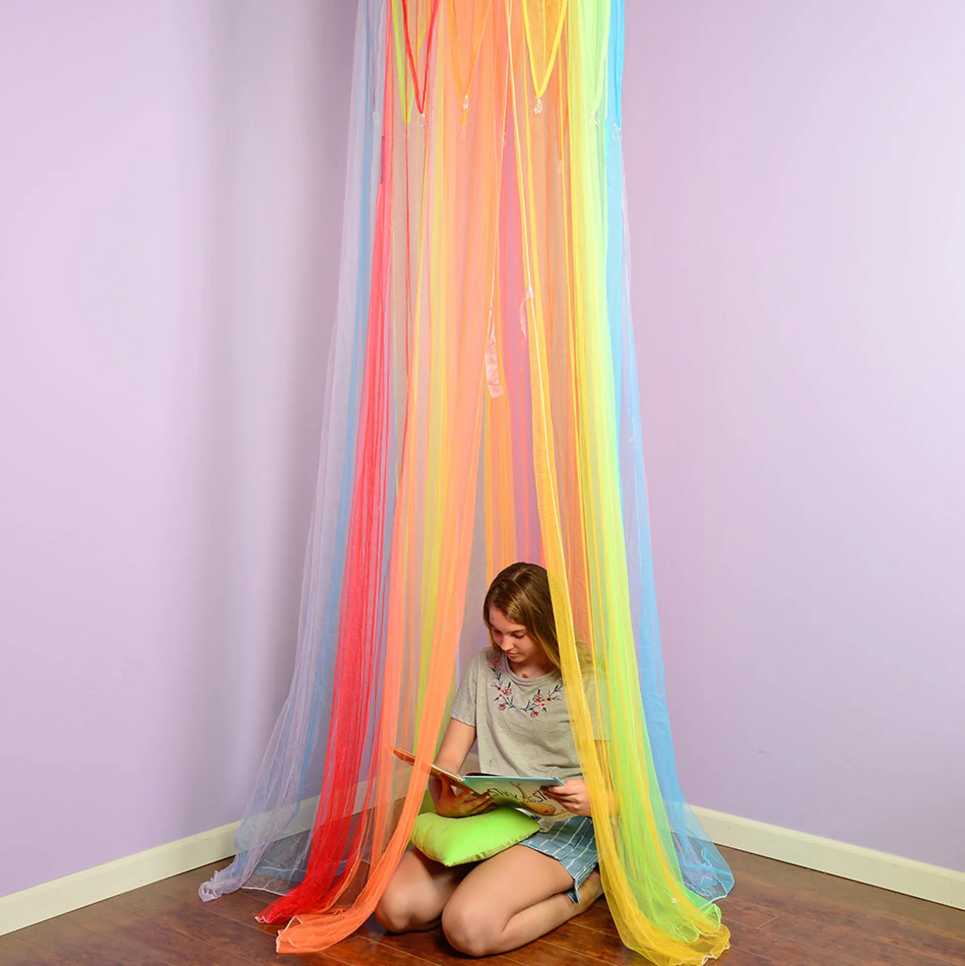 Rainbow Retreat Reading & Play Canopy | 8' Tall with Tie-Back Entrance & Colorful Netting