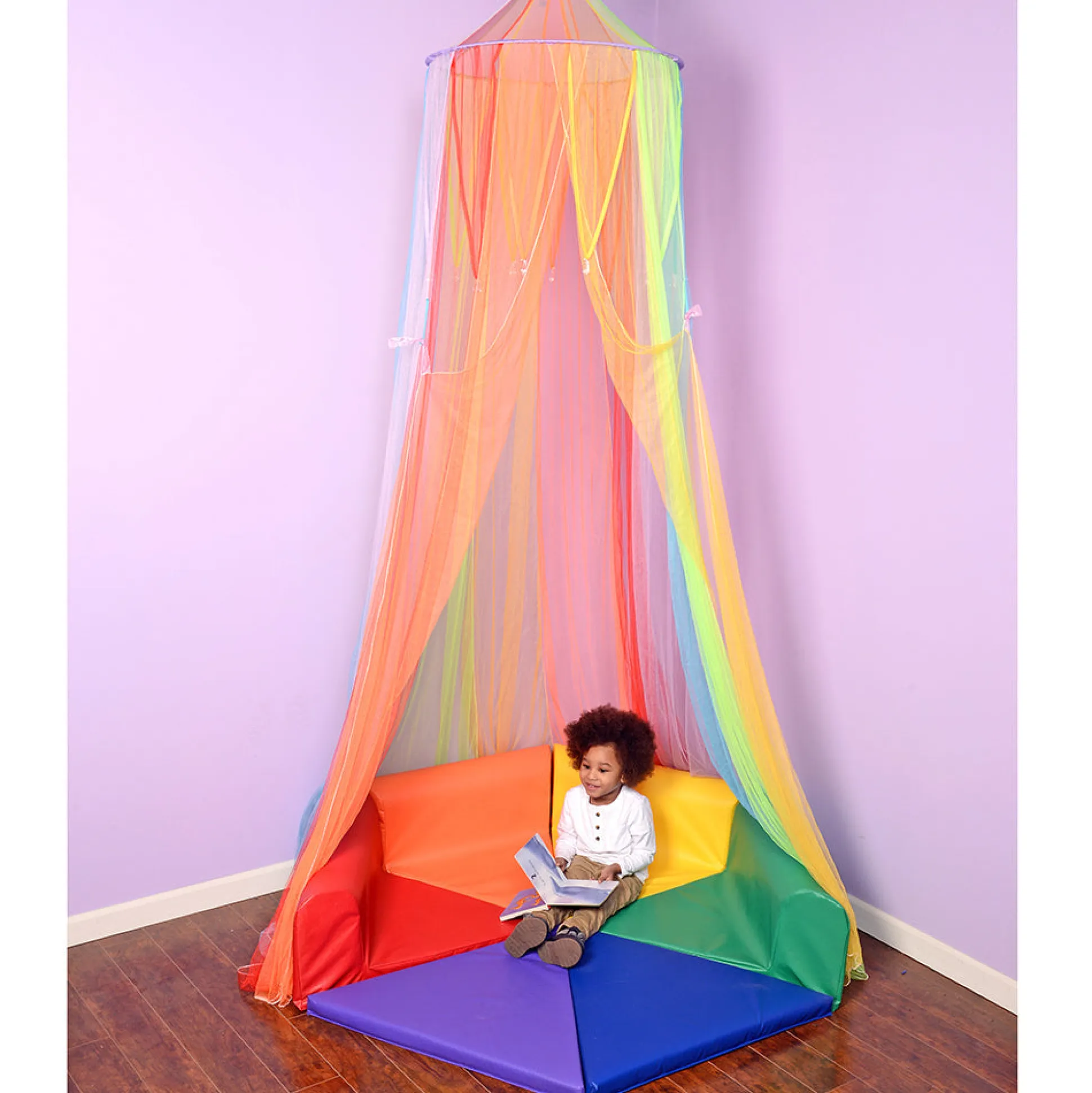 Rainbow Retreat Reading & Play Canopy | 8' Tall with Tie-Back Entrance & Colorful Netting