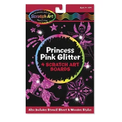 Scratch Art Princess Pink Glitter - 4 Boards, Wooden Stylus, Stencil