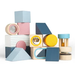 Sensory Explorer Wooden Blocks Set | 14 Piece Building Blocks with Mirror, Kaleidoscope Lens & Rattle in Storage Tray
