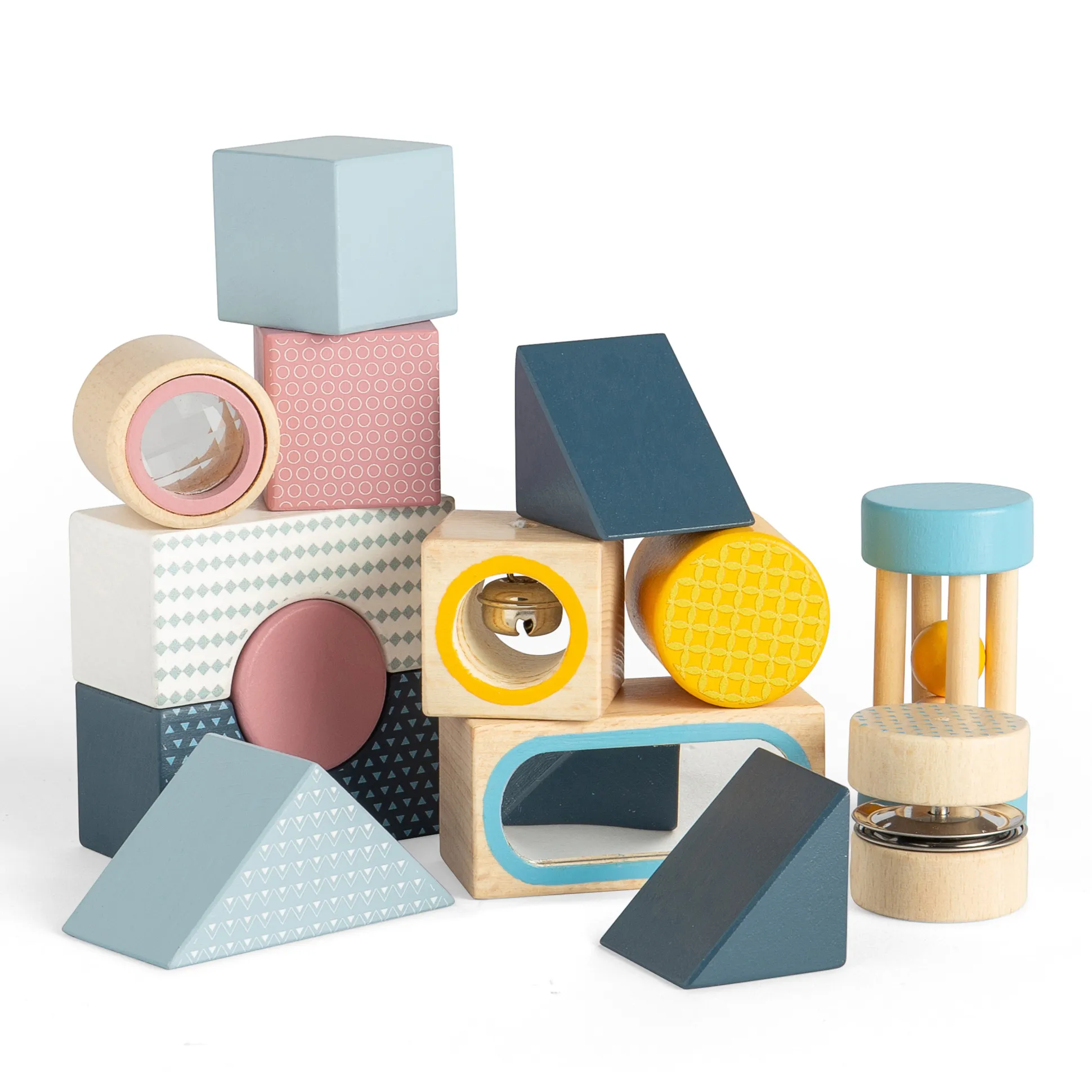 Sensory Explorer Wooden Blocks Set | 14 Piece Building Blocks with Mirror, Kaleidoscope Lens & Rattle in Storage Tray