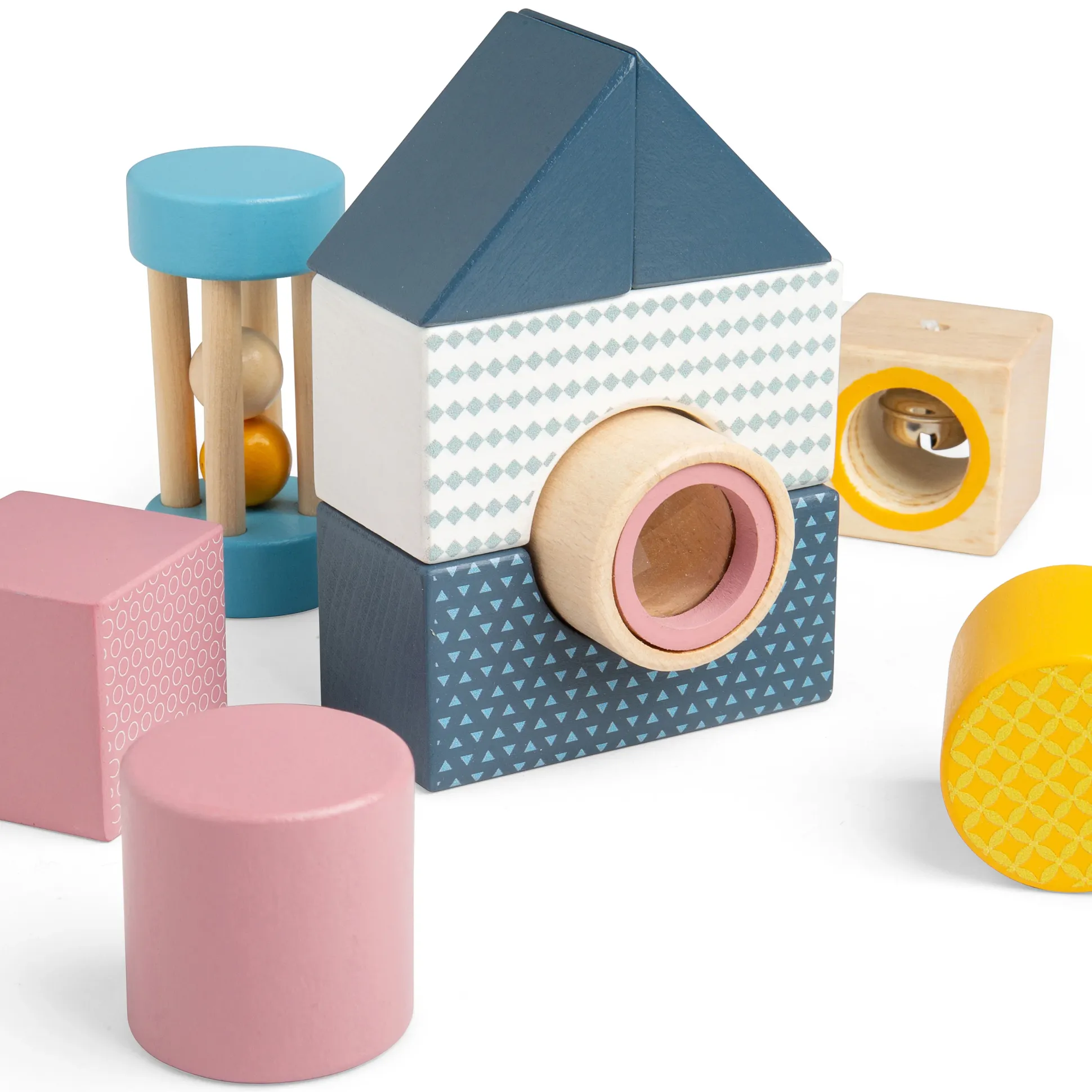Sensory Explorer Wooden Blocks Set | 14 Piece Building Blocks with Mirror, Kaleidoscope Lens & Rattle in Storage Tray
