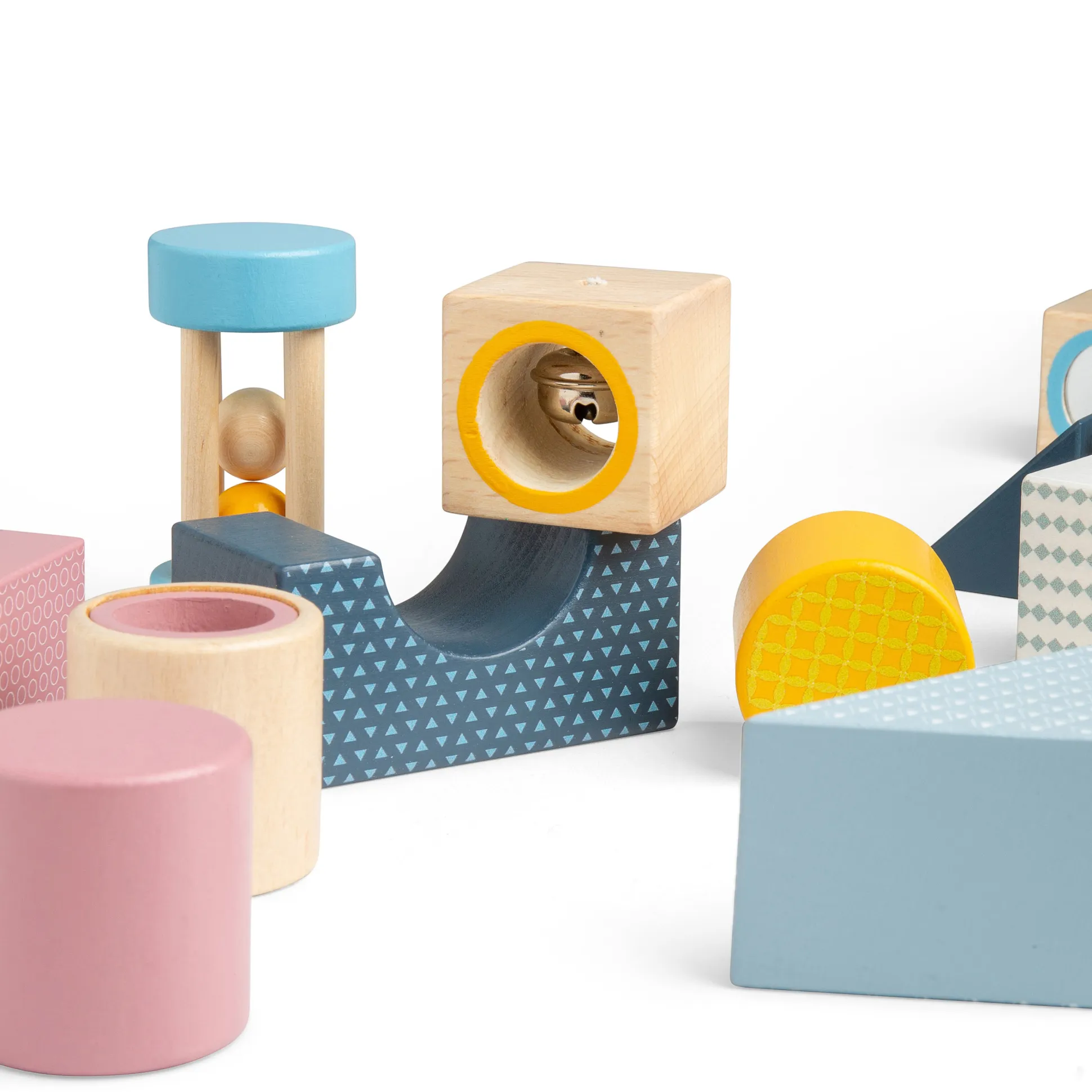 Sensory Explorer Wooden Blocks Set | 14 Piece Building Blocks with Mirror, Kaleidoscope Lens & Rattle in Storage Tray