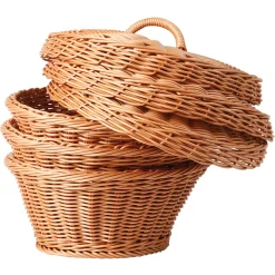 Set of 3 Durable Round Storage Baskets with Lids | Natural Wicker-Style Design