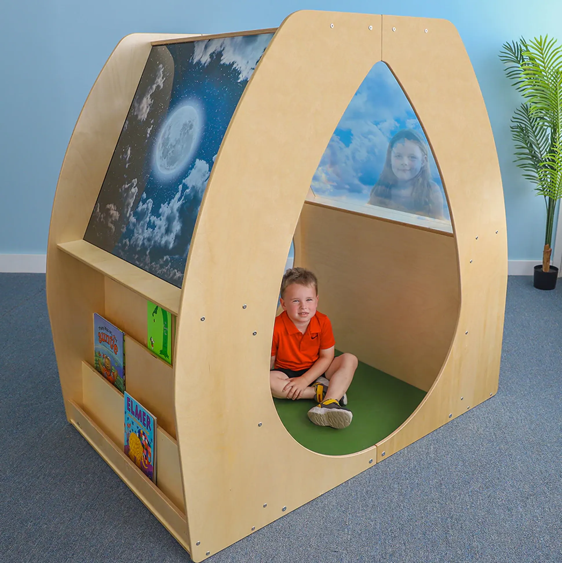 Sky View Sanctuary Reading Nook | Biophilic Quiet Space with Shelving for Early Learning Classrooms